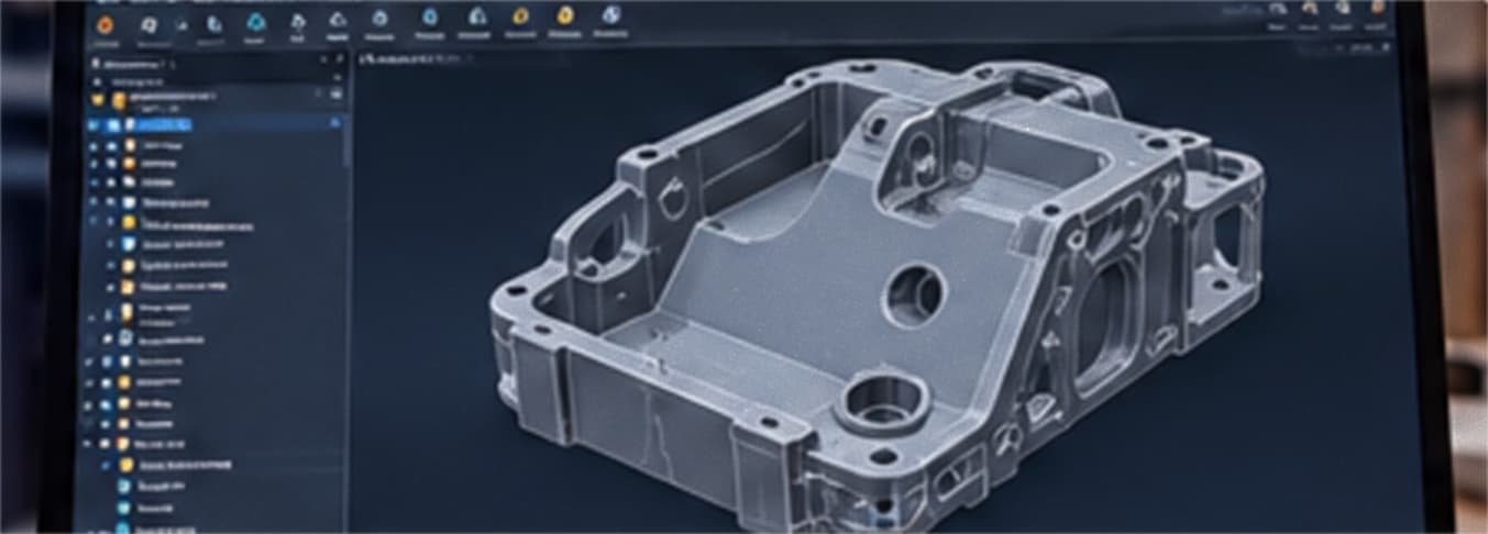 Detailed mechanical housing shown as a 3D model in CAD software