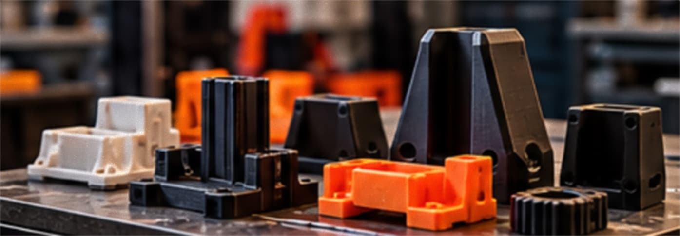 Functional 3D printed engineering parts in black, white and orange on a workshop bench