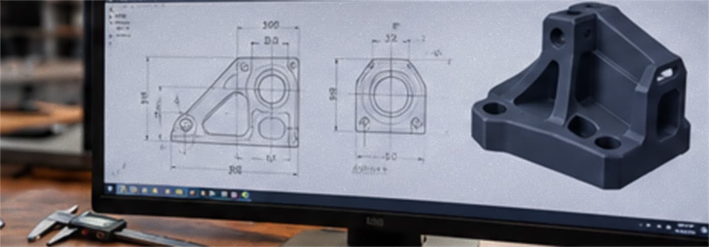 Dimensioned 2D engineering drawing on a monitor beside the finished black bracket