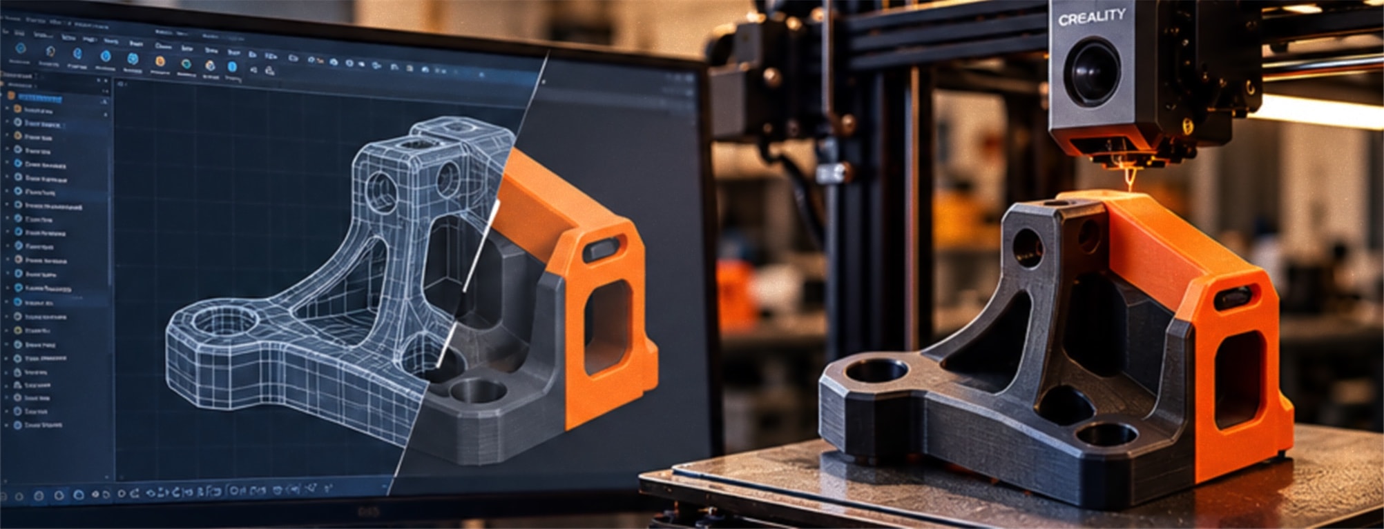 A bracket shown as a CAD wireframe and 3D model on a monitor, next to the same part being 3D printed in orange and black
